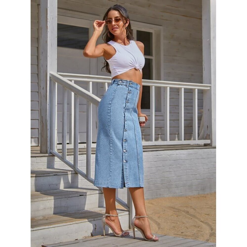 EMERY ROSE Button Front Longline Denim Skirt - Picture 7 of 7